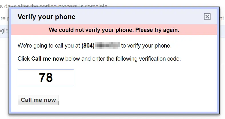 Google Voice Verification Code Error